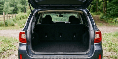 SUV with open trunk packed with camping gear on a forest trail