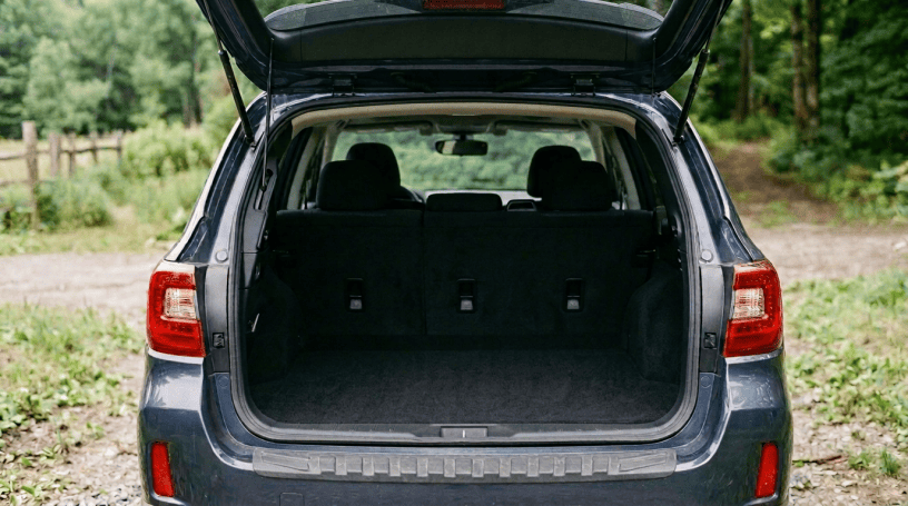 SUV with open trunk packed with camping gear on a forest trail